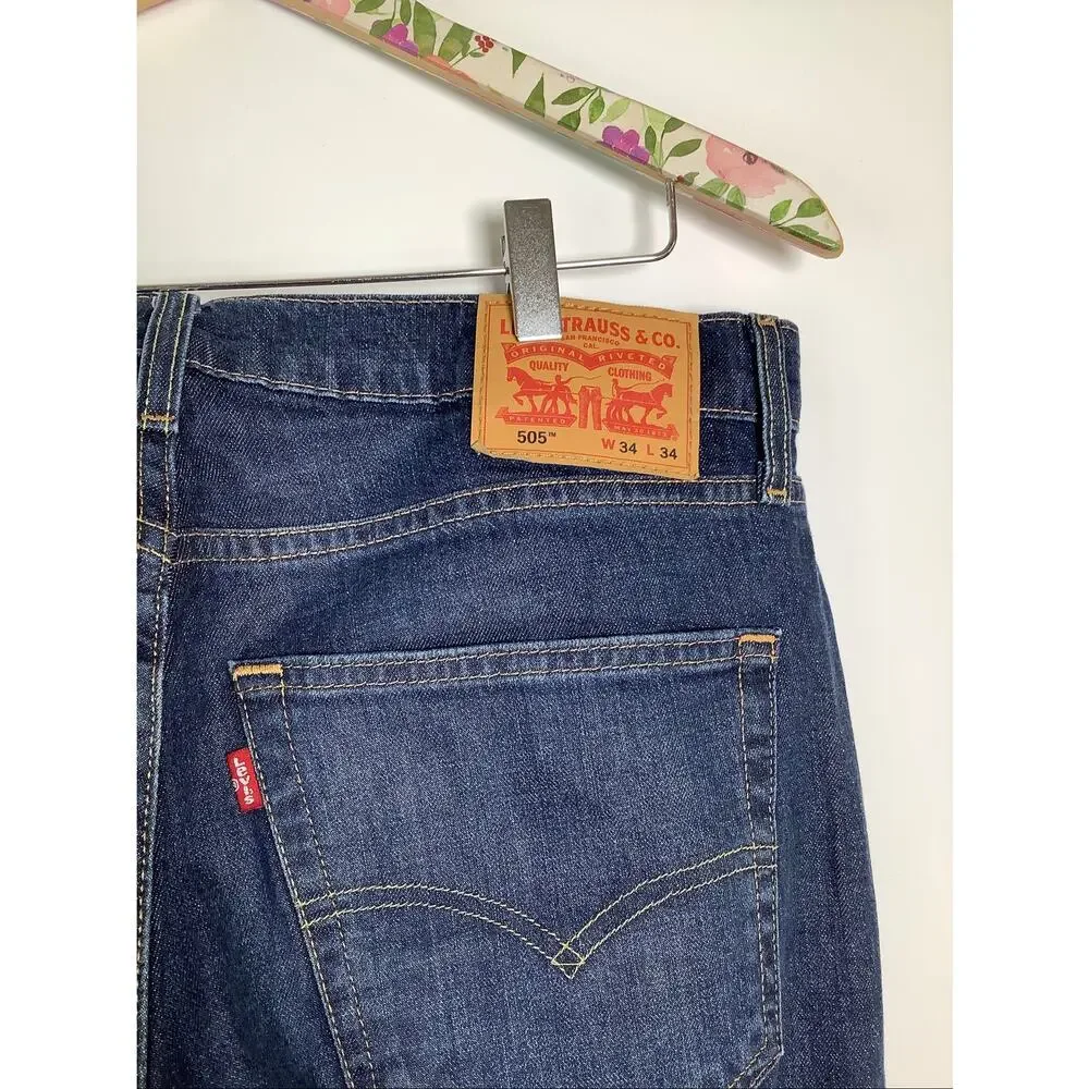 Levis Mens 34x34 Dark Wash 505 Regular Fit Straight Leg Jeans Work Casual T4-4